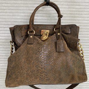 Michael Kors Hamilton Large Dark Brown Python Embossed Satchel Bag